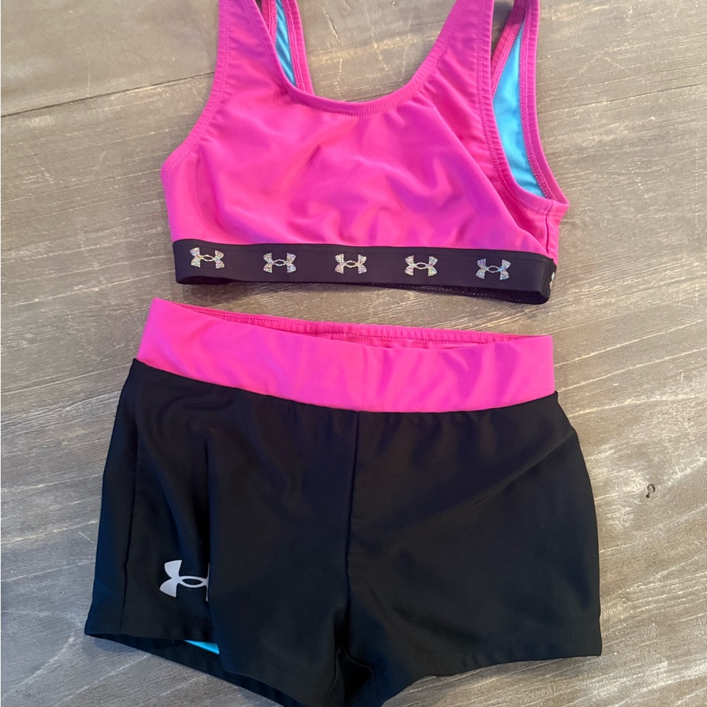 Under Armour Vibrant Pink and Black Athletic Bra and Shorts Set